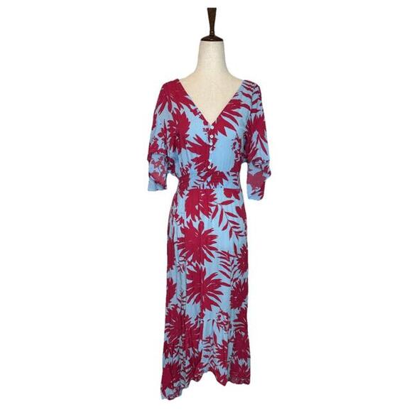 Abel The Label Anthro Cassidy Midi Dress S Floral Smocked Waist Pink Blue Hi Lo - Picture 2 of 9